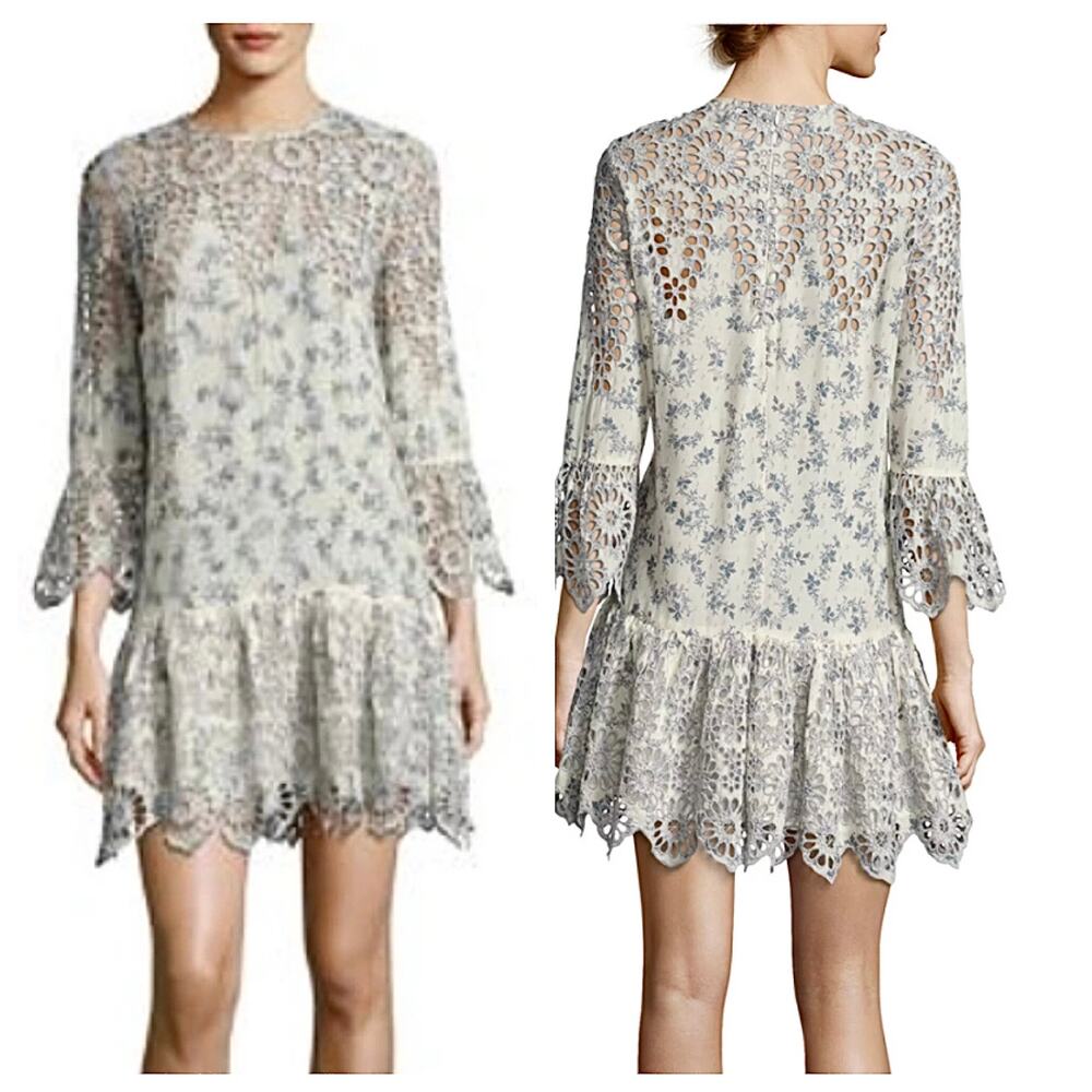 Ganni Dress “Emile” Broderie Anglaise Bell Sleeve in vanilla/blue Size 38 = US 6 - Picture 2 of 7